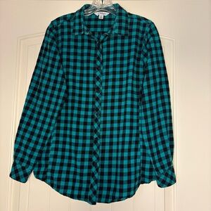 Button Up Plaid Flannel Shirt Turquoise Black Med Cotton Granola Girl Gorpcore